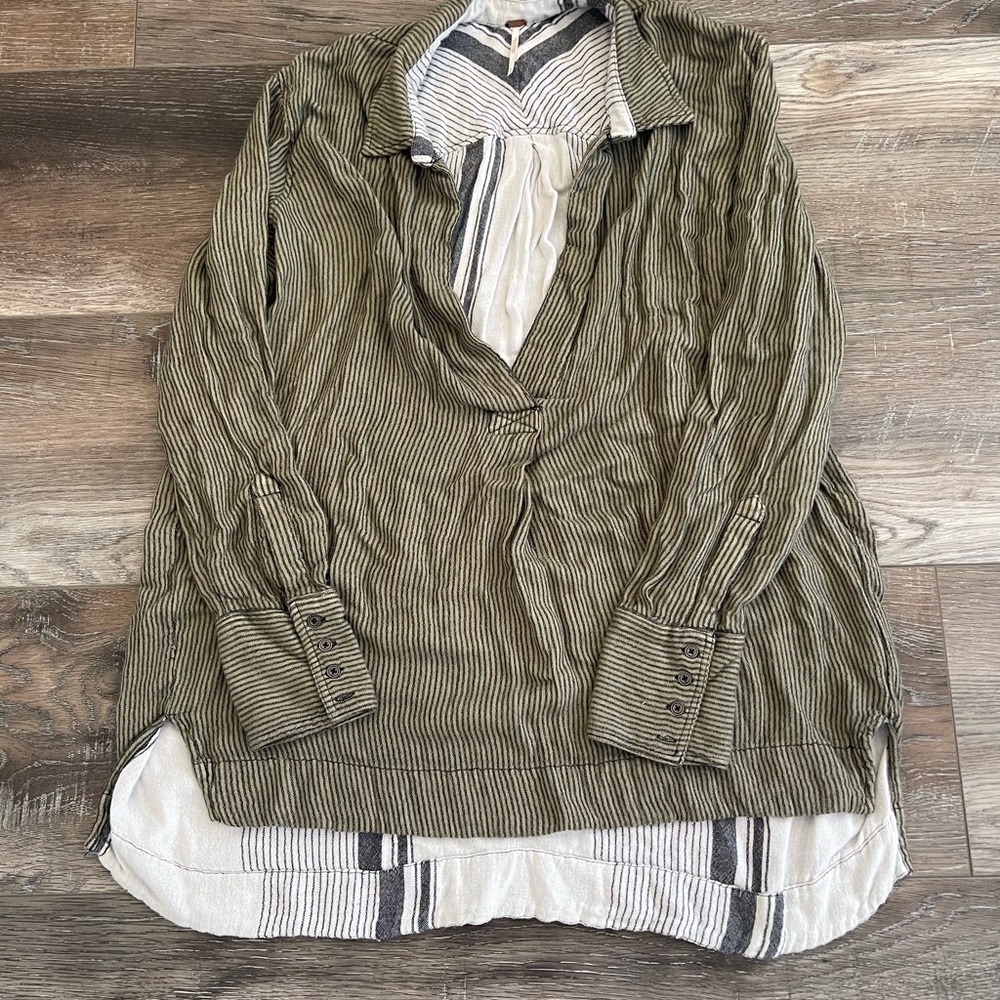 Free People Olive Stripe V-Neck Tunic with Layered Hem like new size L